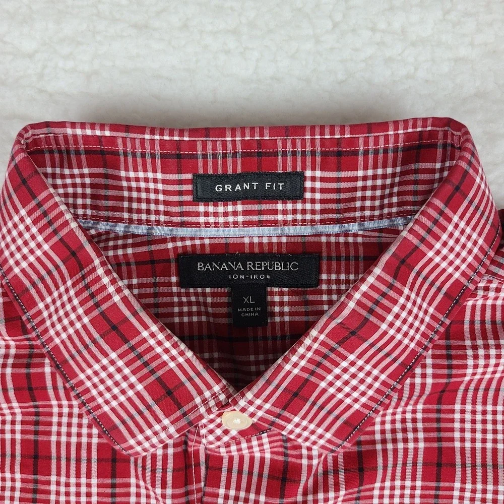 Banana Republic Dress Shirt Mens‎ XL Dark Red Plaid Non Iron Grant Fit Button Up